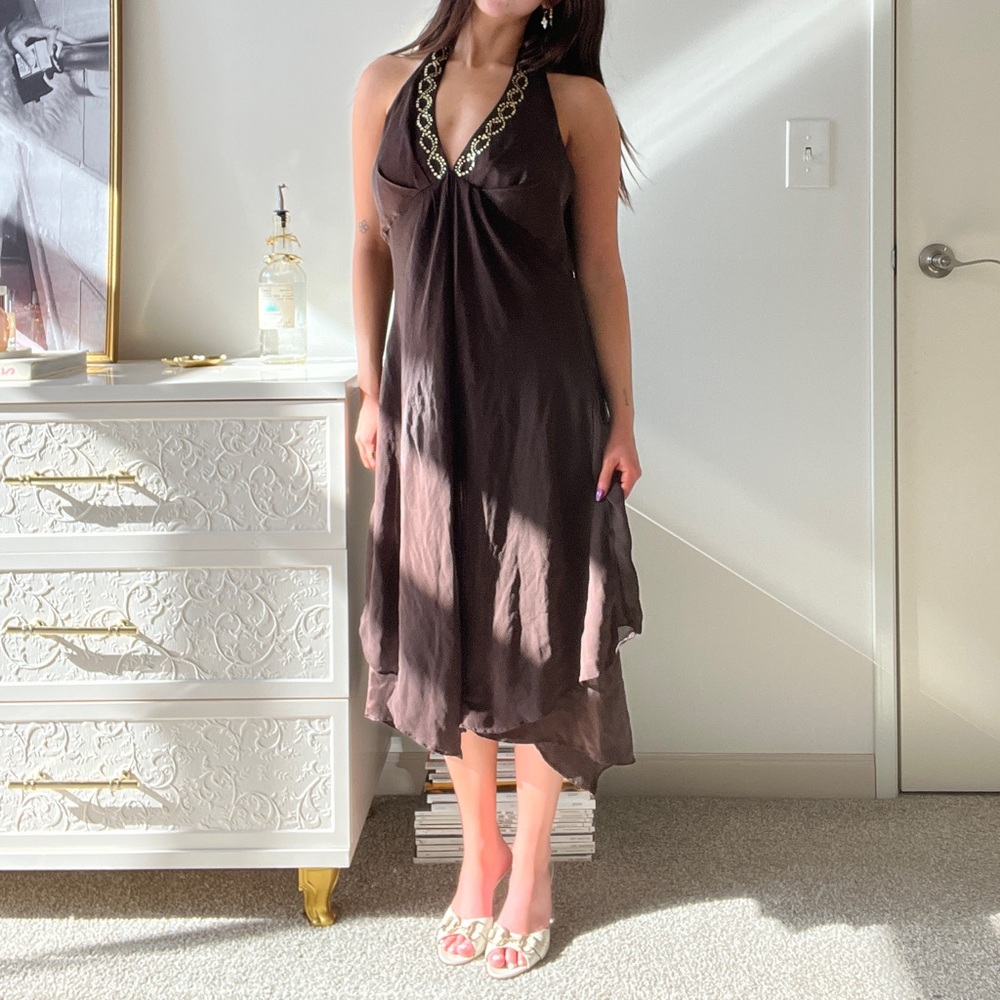 Donna Ricco Chocolate Brown Halter Midi Dress